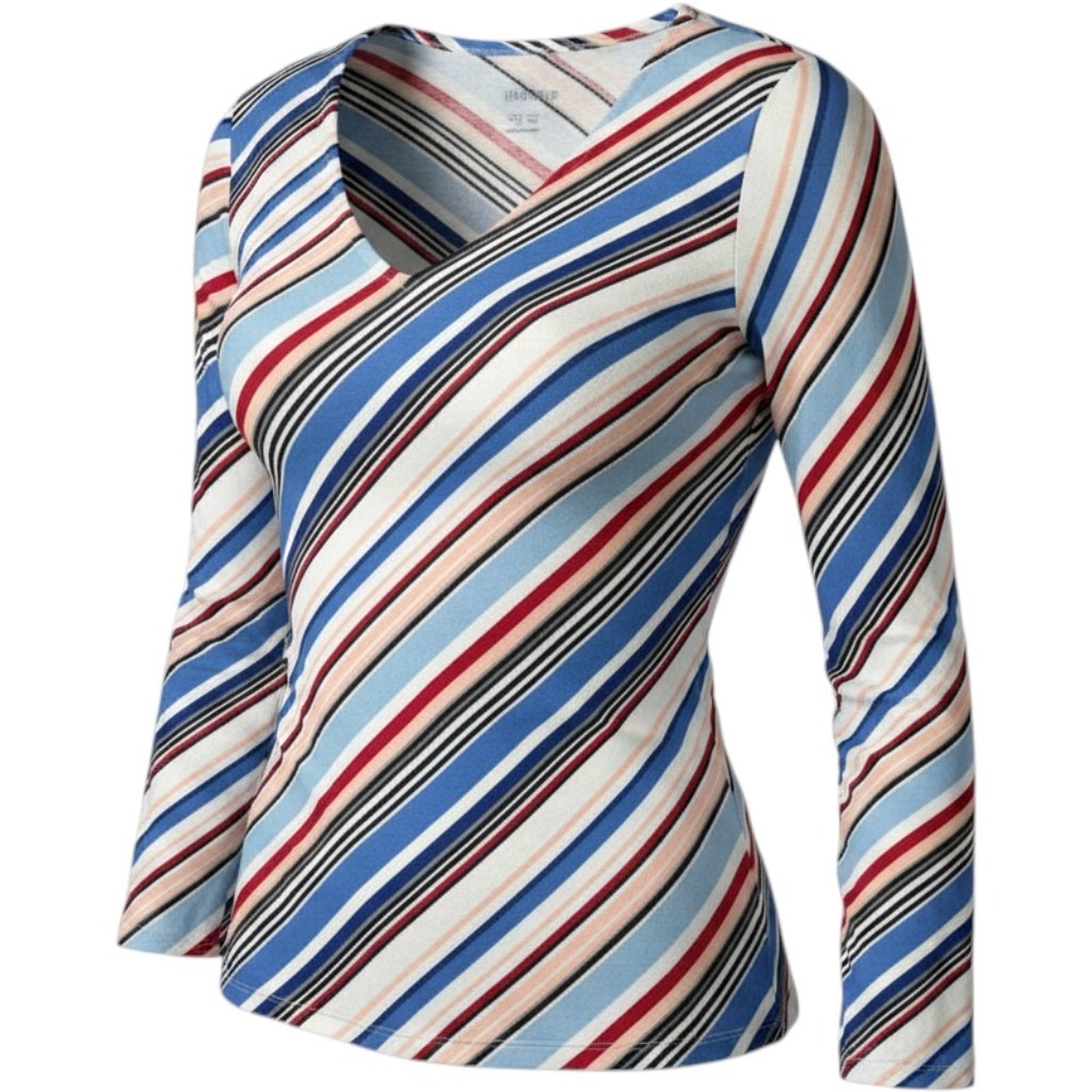Sport Savvy Womens XS Blue Red Diagonal Stripe V-Neck 3/4 Sleeve Top T-Shirt